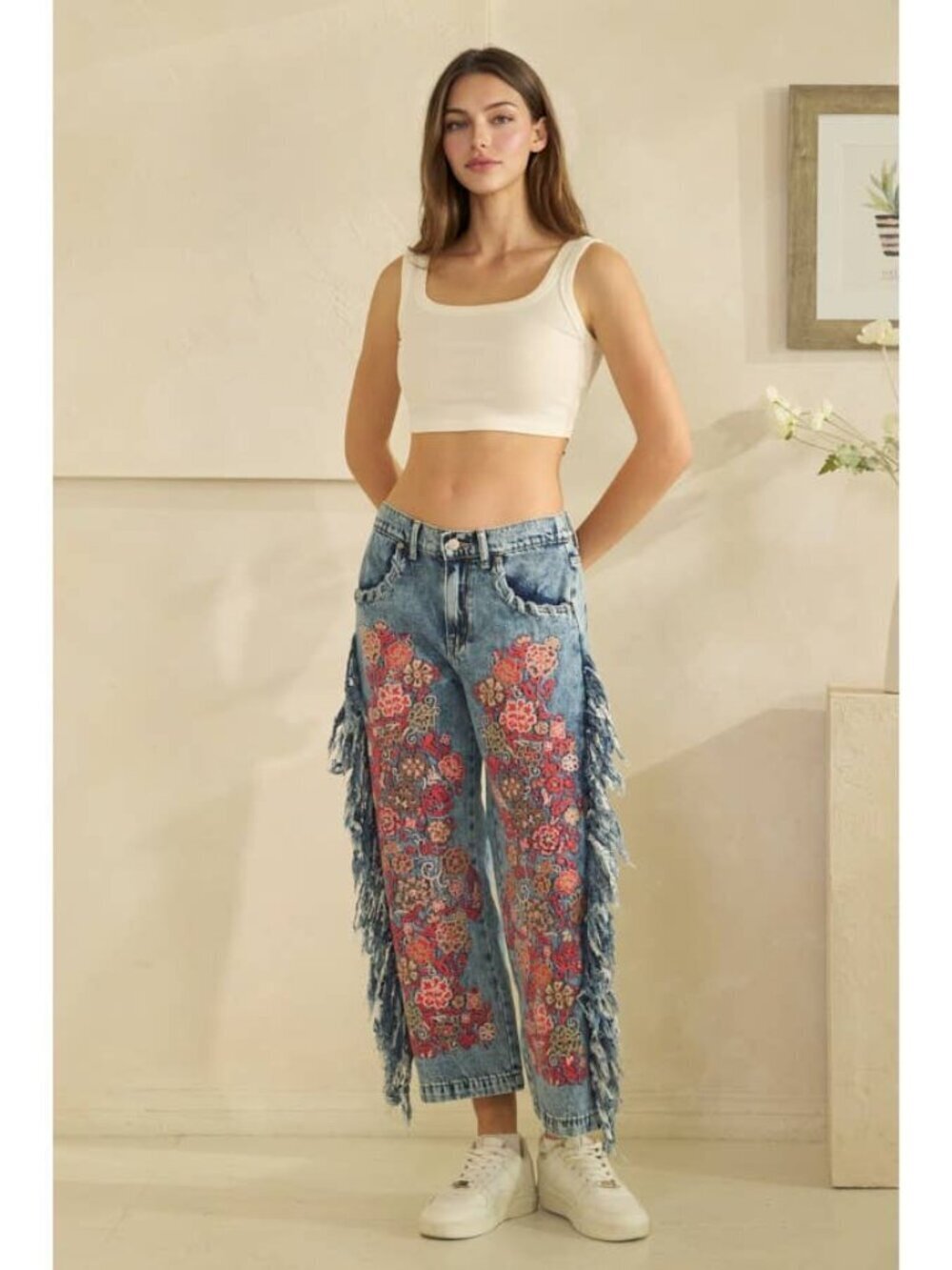 NWT Oli & Hali NWT Washed Denim Frayed Wide Leg Jeans with Red Floral Embroidery